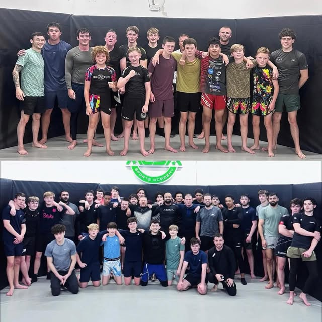 Two packed jiu jitsu fundamentals groups photographed at the end of class.